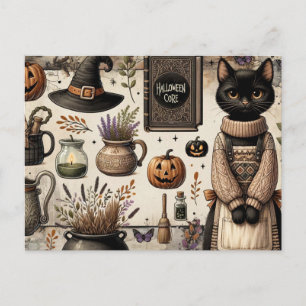 Cartão Postal Gato Assustador Halloween Núcleo Junk Journaling