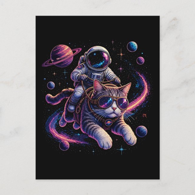 Cartão Postal Gato astronauta passeando pelo espaço (Frente)