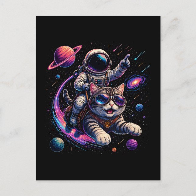 Cartão Postal Gato astronauta viajando pelo espaço (Frente)