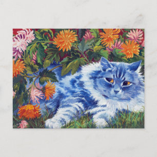 Cartão Postal Gato Azul Entre os Crisantemos, Louis Wain