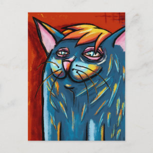 Cartão Postal Gato Azul Feliz Fofo Pastel a Óleo Digital