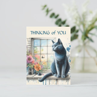 Cartão Postal Gato Azul Russo em Janela com Flores de Verão
