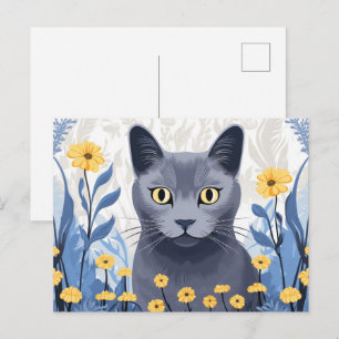 Cartão Postal Gato Azul Russo Flores Amarelas