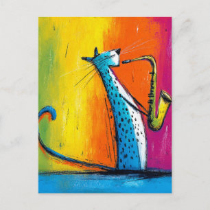 Cartão Postal Gato Azul Tocando um Saxofone