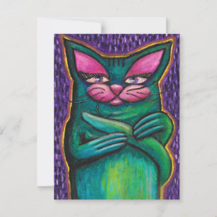 Cartão Postal Gato Azul Turquesa Feminino em Pastel a Óleo sobre