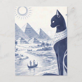 Cartão Postal Gato Bastet do Antigo Egito e Pirâmides Azul