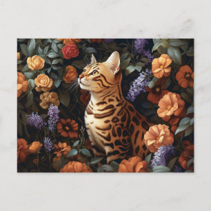 Cartão Postal Gato Bengala Cercado por Flores Bonitas