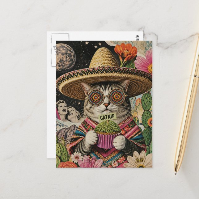 Cartão Postal Gato Bobo Com Colagem de Cupcake de Erva Gata (Frente/Verso In Situ)