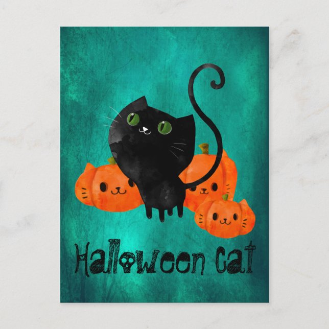 Cartão Postal Gato bonitinho do Halloween com abóboras (Frente)