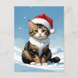 Cartão Postal gato bonito com a ilustração do chapéu de Santa