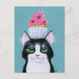 Cartão Postal Gato bonito com cartão-postal cor-de-rosa com cup
