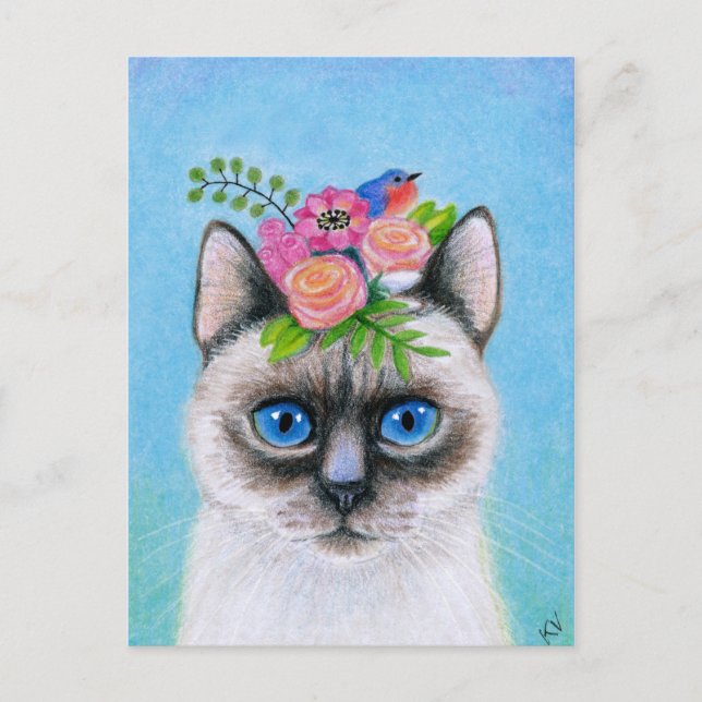 Cartão Postal Gato Bonito com Flores de primavera Cartão-postal (Frente)