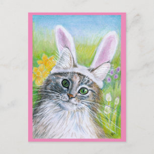 Cartão Postal Gato Bonito com Primavera cor-de-rosa de chapéu Co