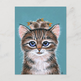 Cartão Postal Gato Bonito com Primavera de Aves Bebidas