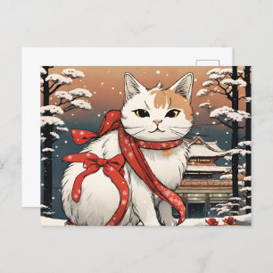 Cartão Postal gato bonito com templo japonês para amantes de gat