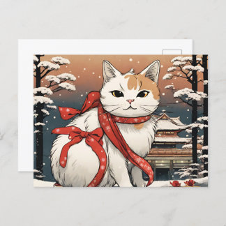 Cartão Postal gato bonito com templo japonês para amantes de gat