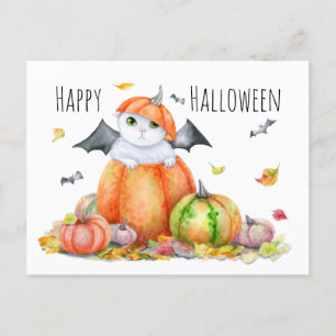 Cartão Postal Gato Bonito de Halloween em Abóbora