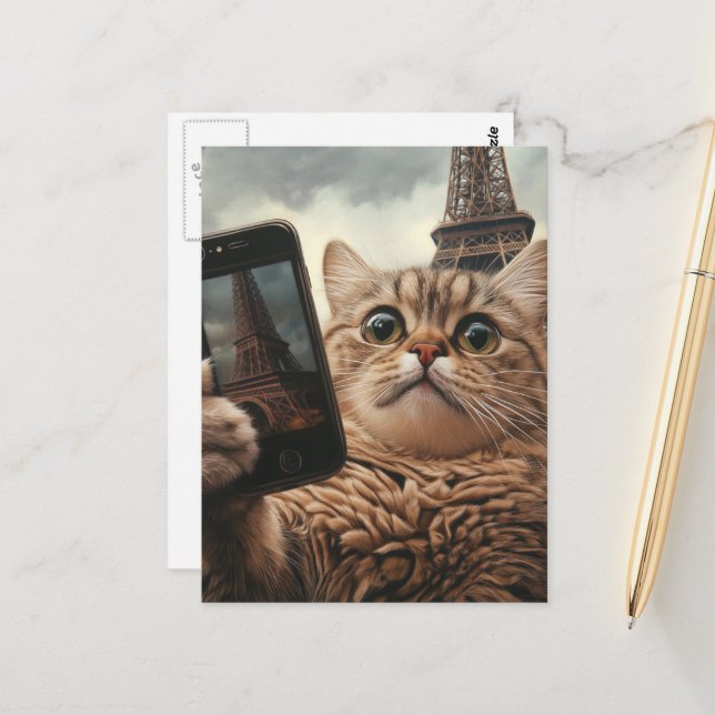 Cartão Postal Gato Bonito Fazendo Selfie em Paris (Frente/Verso In Situ)