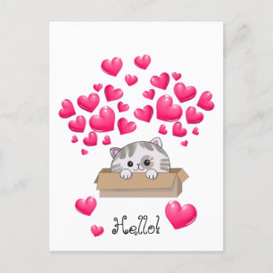 Cartão Postal Gato bonito numa caixa e corações cor-de-rosa