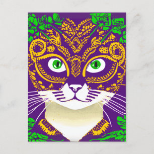 Cartão Postal Gato bonito Vestindo uma Máscara Mardi Gras