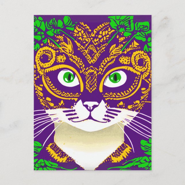 Cartão Postal Gato bonito Vestindo uma Máscara Mardi Gras (Frente)