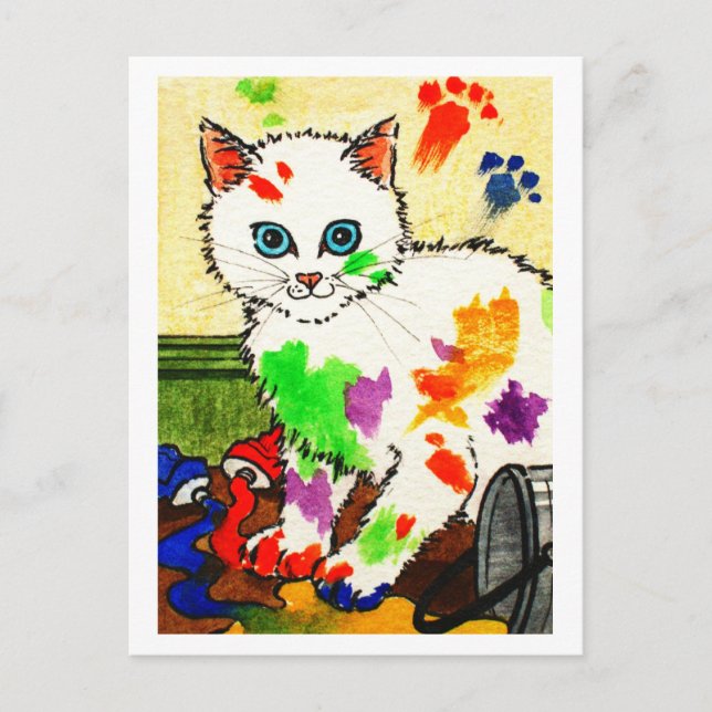 Cartão Postal Gato branco a pintar-se por todo o lado (Frente)