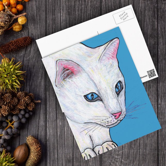 Cartão Postal Gato Branco Azul (Head of white cat intense blue eyes on light blue postcard.)