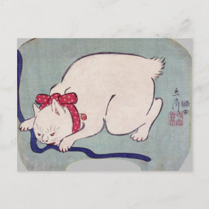 Cartão Postal Gato Branco brincando com uma corda, Hiroshige