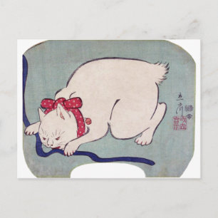 Cartão Postal Gato Branco brincando com uma corda, Hiroshige