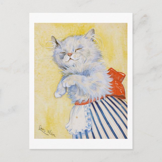 Cartão Postal Gato Branco com Apron, Louis Wain (Frente)