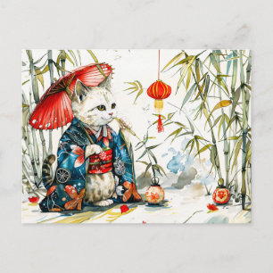 Cartão Postal Gato branco com guarda-chuva vermelha em Bamboo Fo