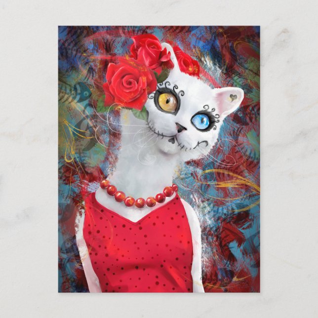 Cartão Postal Gato branco com rosas (Frente)