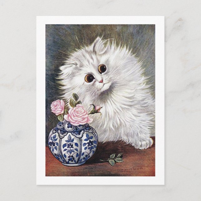 Cartão Postal Gato Branco com Rosas Rosa, Louis Wain (Frente)