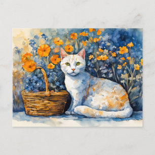 Cartão Postal Gato branco de aquarela na cesta de flores