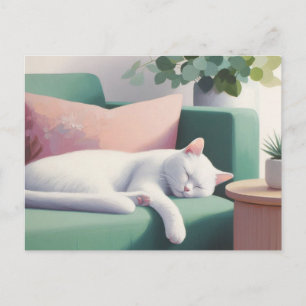 Cartão Postal Gato Branco Dormindo no Sofá Verde / Amantes de Ga