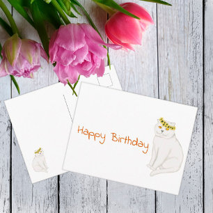 Cartão Postal Gato branco e girassóis Feliz Aniversário