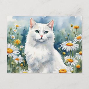 Cartão Postal Gato Branco Elegante Aquarela com Margaridas Flore