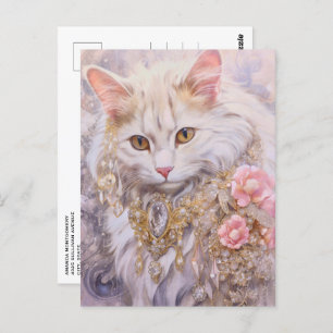 Cartão Postal Gato Branco Elegante em Dourado e Ouros