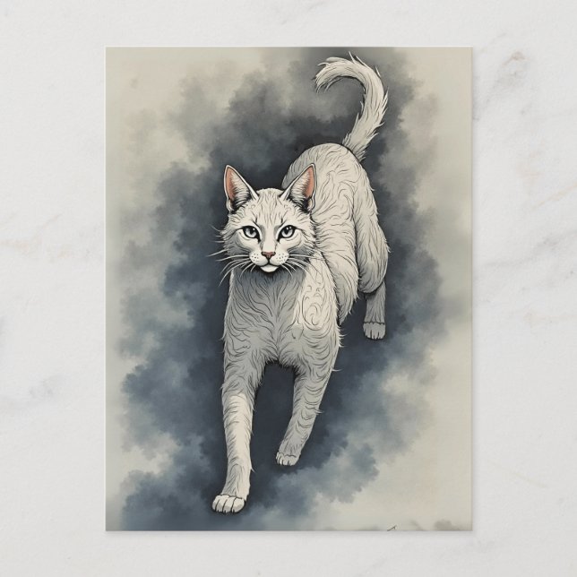 Cartão Postal Gato Branco em um Estilo de Desenho de Tinta Chine (Frente)