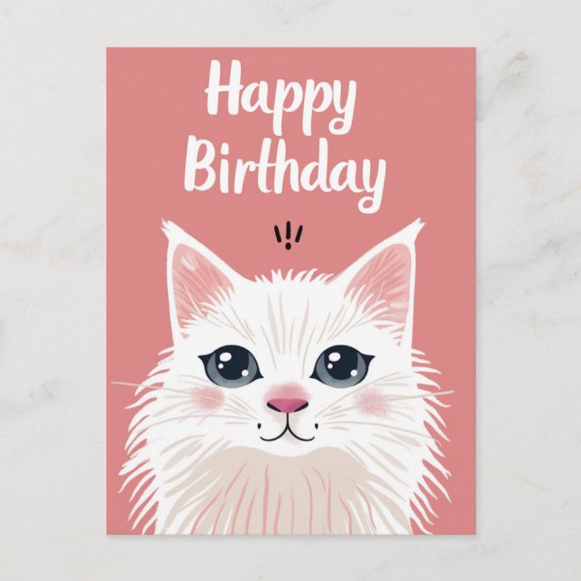 Cartão Postal Gato branco feliz aniversário (Frente)