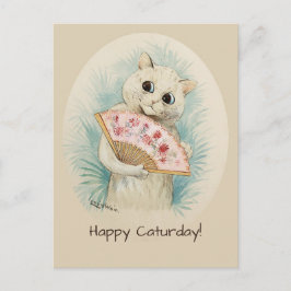 Cartão Postal Gato branco Louis Wain com fã Feliz Caturday