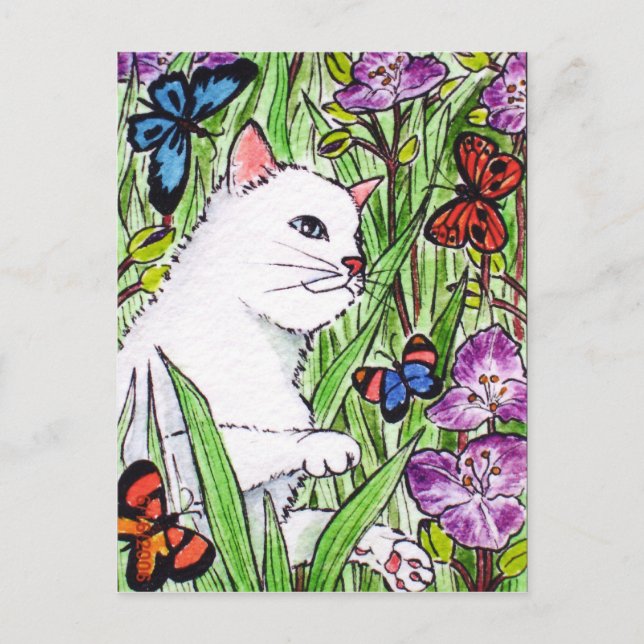 Cartão Postal Gato branco perseguindo borboletas entre flores (Frente)