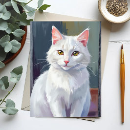 Cartão Postal Gato Branco | Pintura de Gato em Aquarela