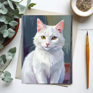 Cartão Postal Gato Branco   Pintura de Gato em Aquarela