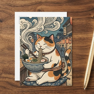 Cartão Postal Gato Calico Fofo Comendo Ramen Arte Japonesa