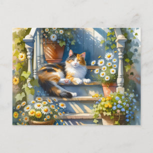 Cartão Postal Gato Calico no Cottagecore de Varanda Floral