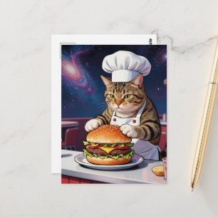 Cartão Postal Gato Chef Cute Fazendo Hambúrguer de Queijo no Esp