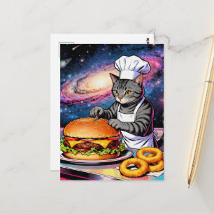 Cartão Postal Gato Chef Fofo Fazendo Cheeseburger e Anéis de Ceb