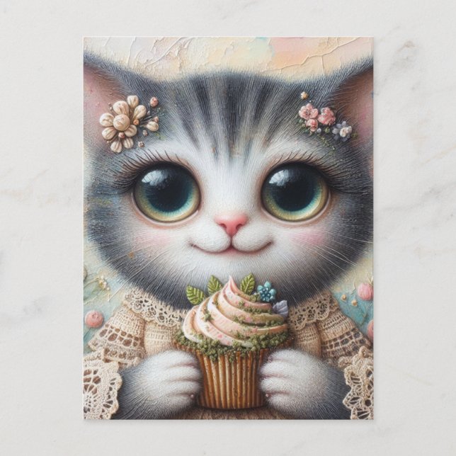 Cartão Postal Gato Cinza Com um Cupcake (Frente)