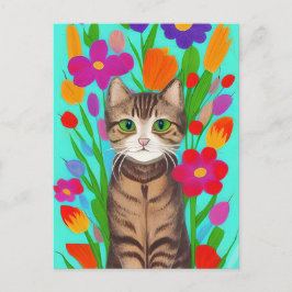Cartão Postal Gato Cinza Fofo com Flores Coloridas